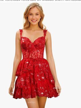 AO YAN Girls Red Sequin Lace Tiered Party Dress | Size 24 Plus | NWT